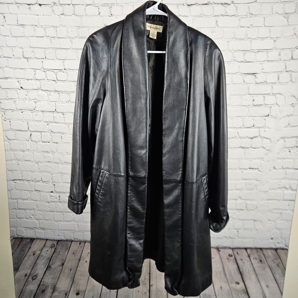 Preston & York Black Genuine Leather Trench Coat Shawl Collar Open Front Large